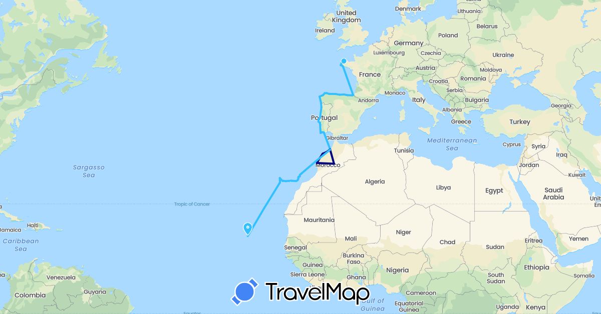 TravelMap itinerary: driving, boat in Cape Verde, Spain, France, Morocco, Portugal (Africa, Europe)
